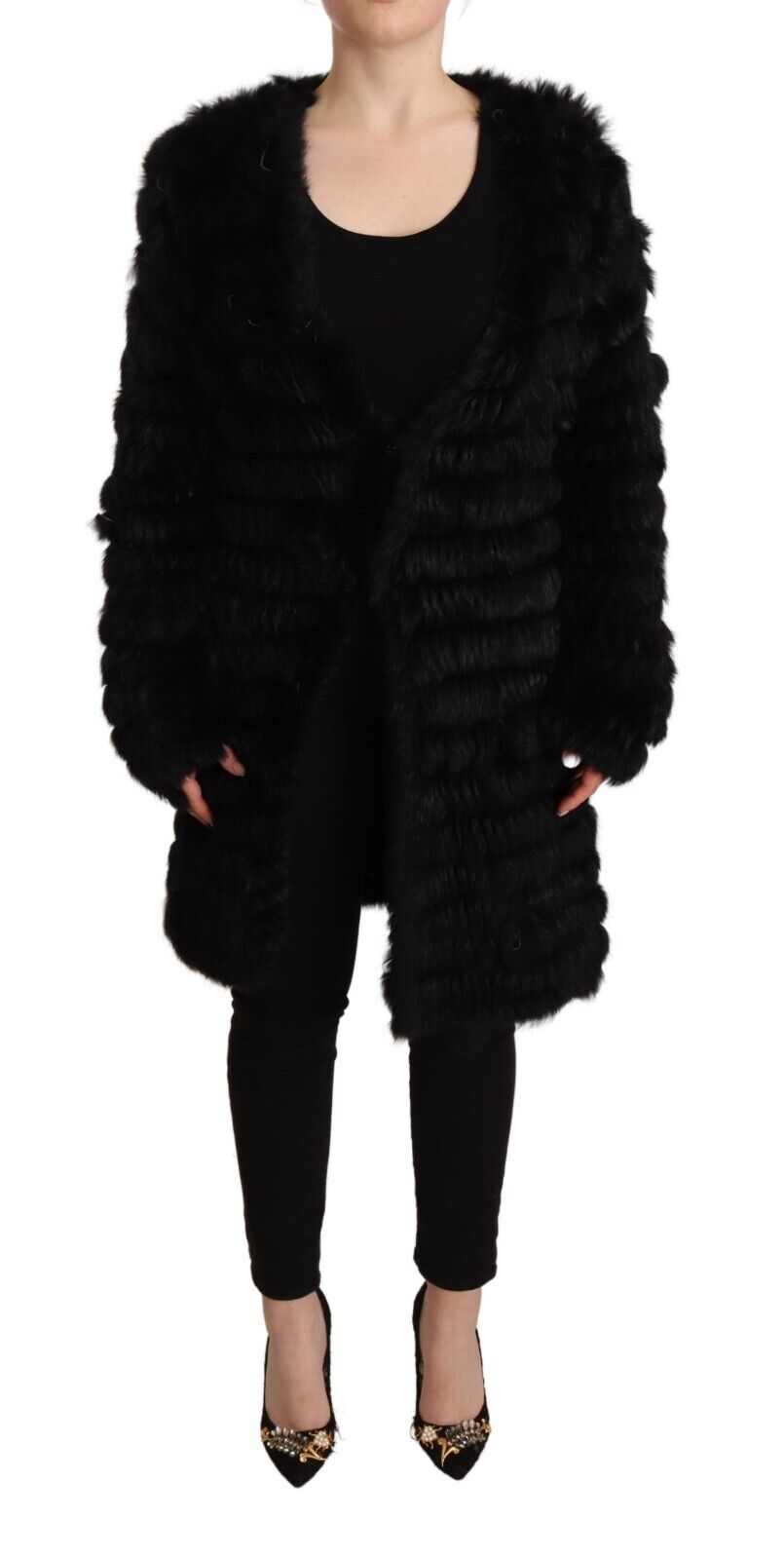 Just Cavalli Black Rabbit Fur Cardigan Long Sleeves Jacket - Fizigo