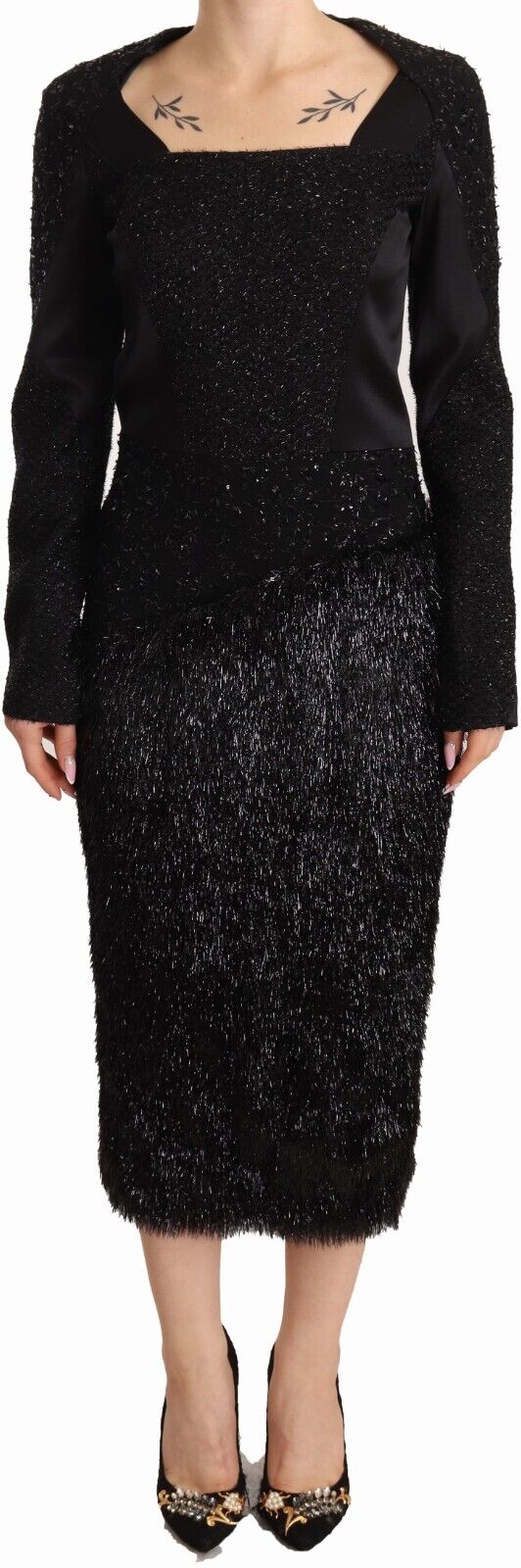 Masha Ma Black Studs Embellished Long Sleeves Sheath Midi Dress - Fizigo