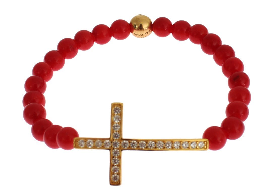 Nialaya Red Coral Gold CZ Cross 925 Silver Bracelet - Fizigo