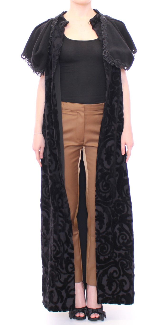 NOEMI ALEMÁN Black Cotton Brocade Long Cape Coat Jacket - Fizigo