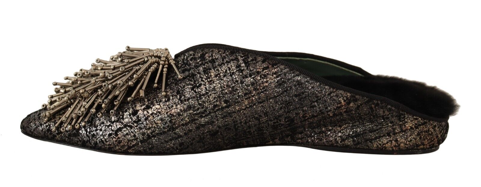 Paola D'Arcano Gold Jacquard Leather Embellished Slip On Shoes - Fizigo