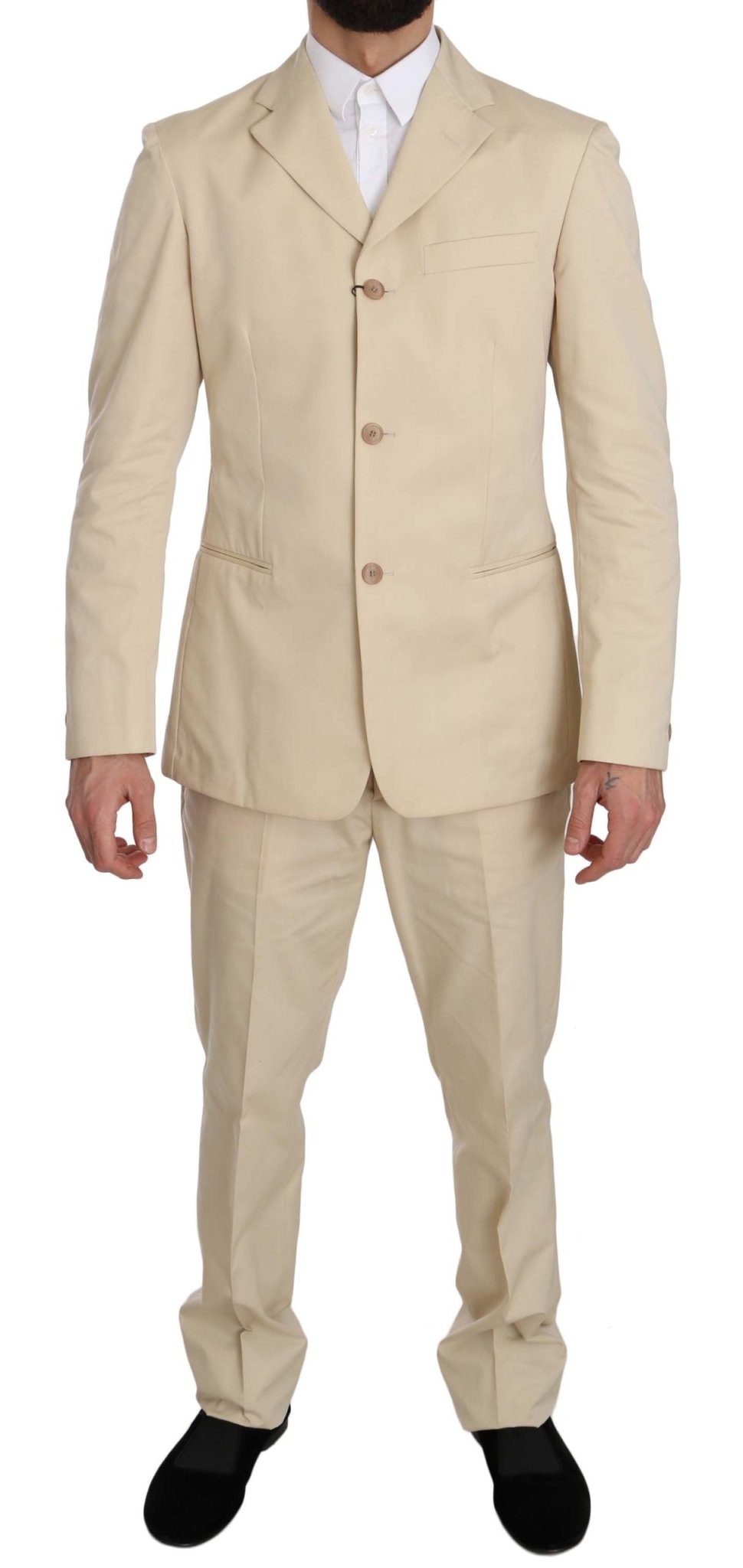 Romeo Gigli Two Piece 3 Button Beige Cotton Solid Suit - Fizigo